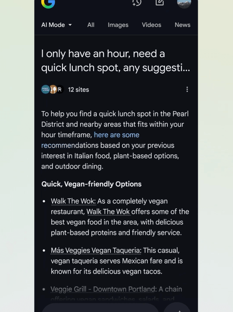 AI Mode eksempel på vegansk søgning