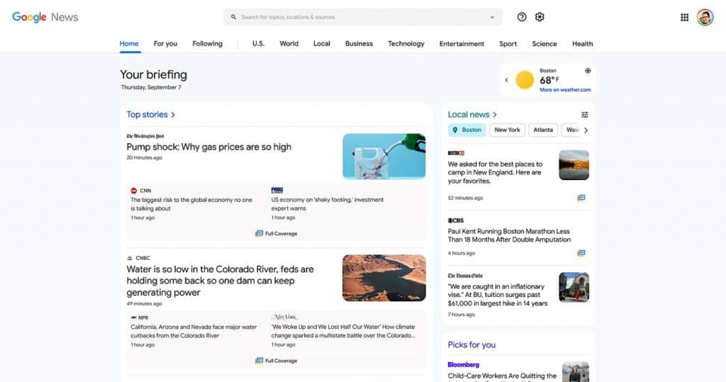 Google nyheter, visar top stories