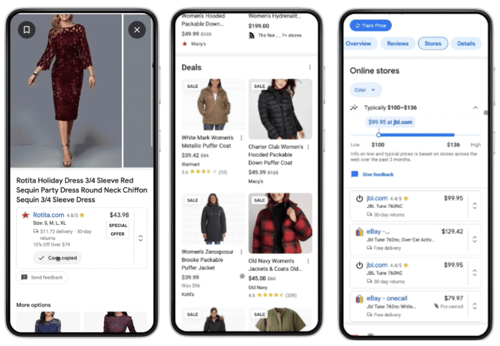 tre telefoner som är inne på olika shopping sidor