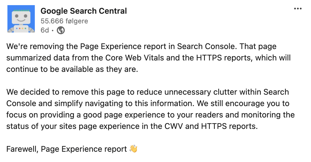 page experience rapport udfases i search console