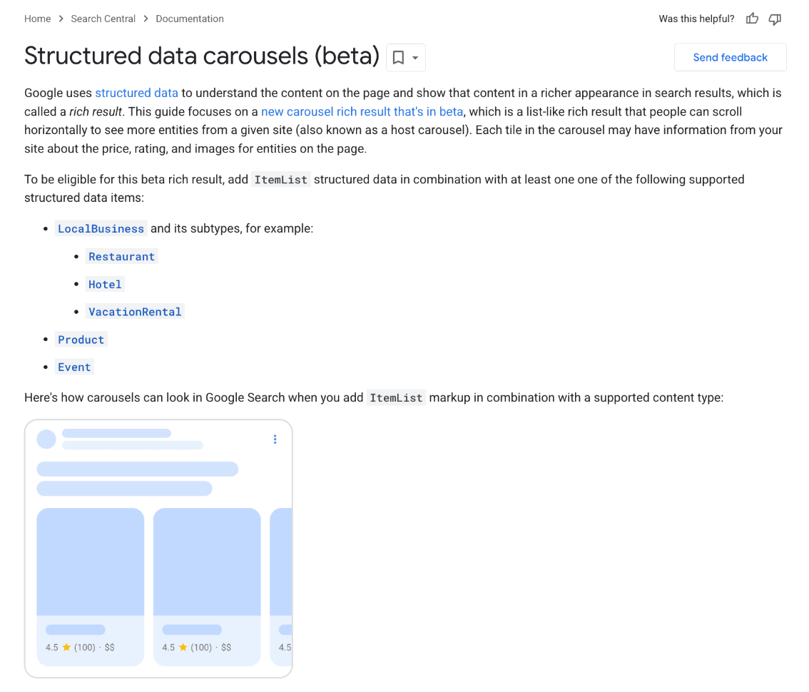 structured data carousels (beta) dokumentation