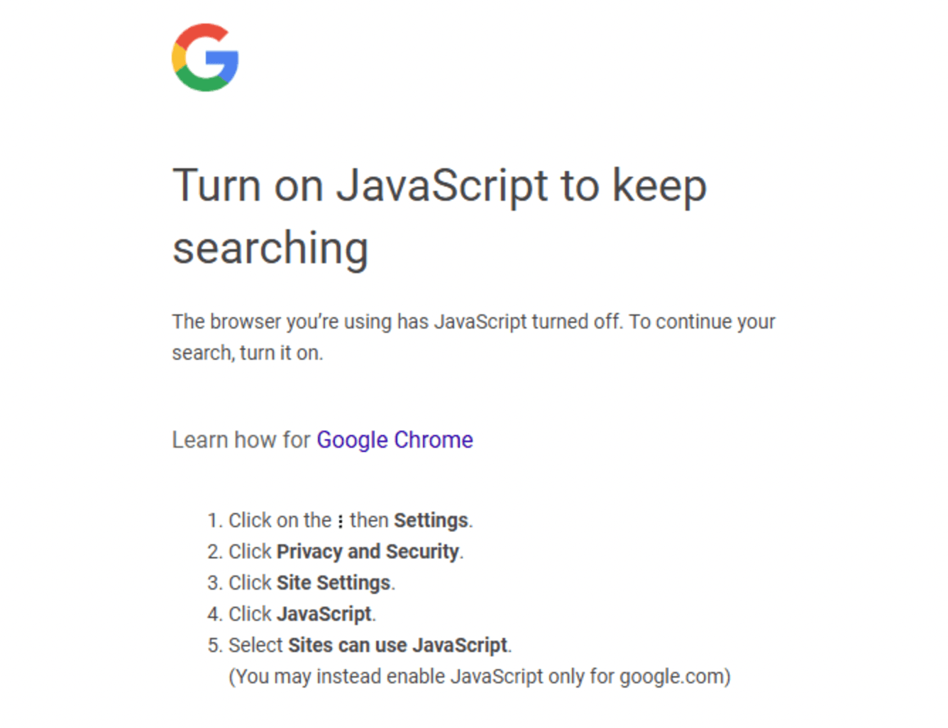 screenshot af google search javascript besked
