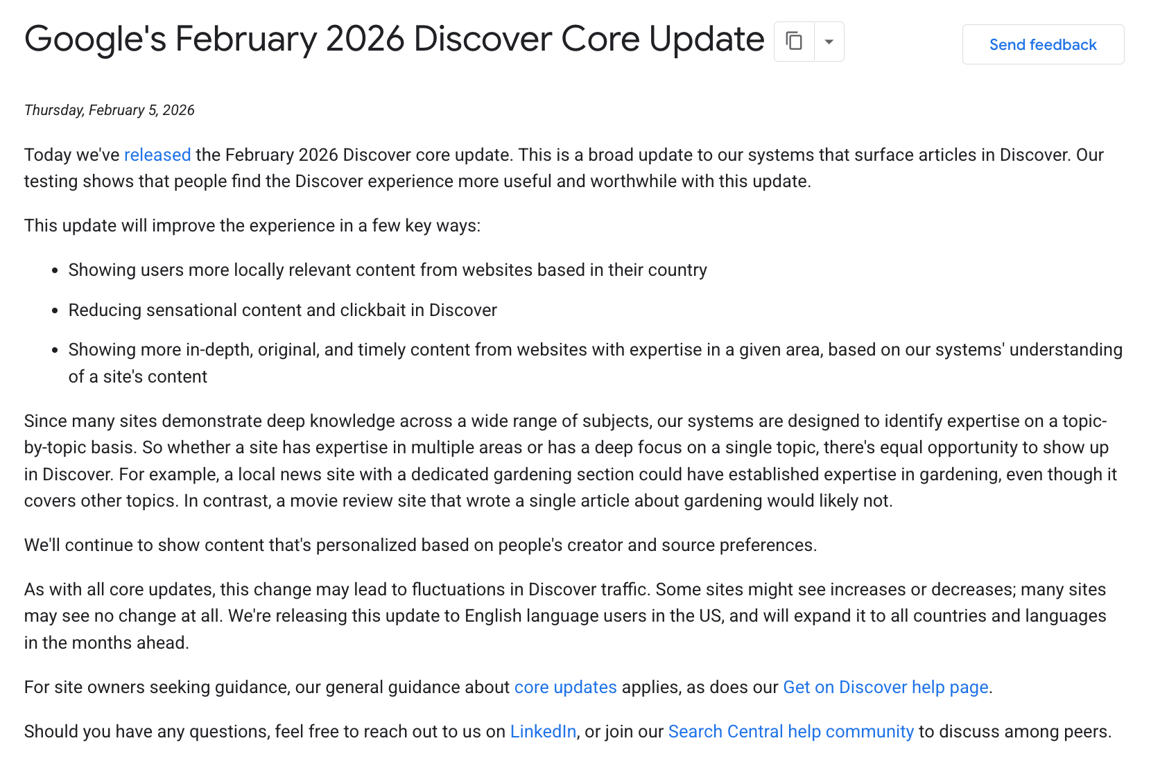 Google Februar 2026 Discover Core Update
