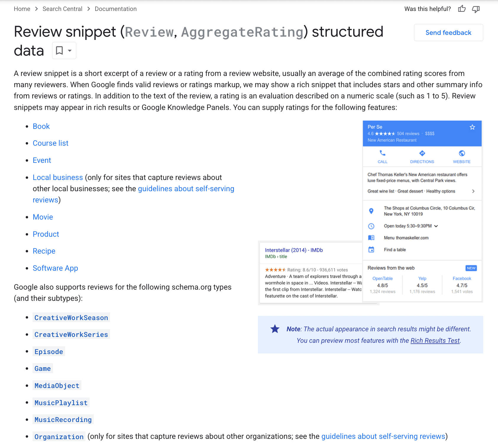 review snippets structured data dokumentation