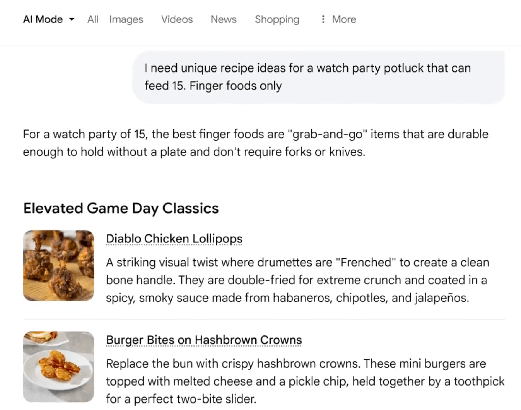 Opdatering af Google AI Mode med opskrift-sider