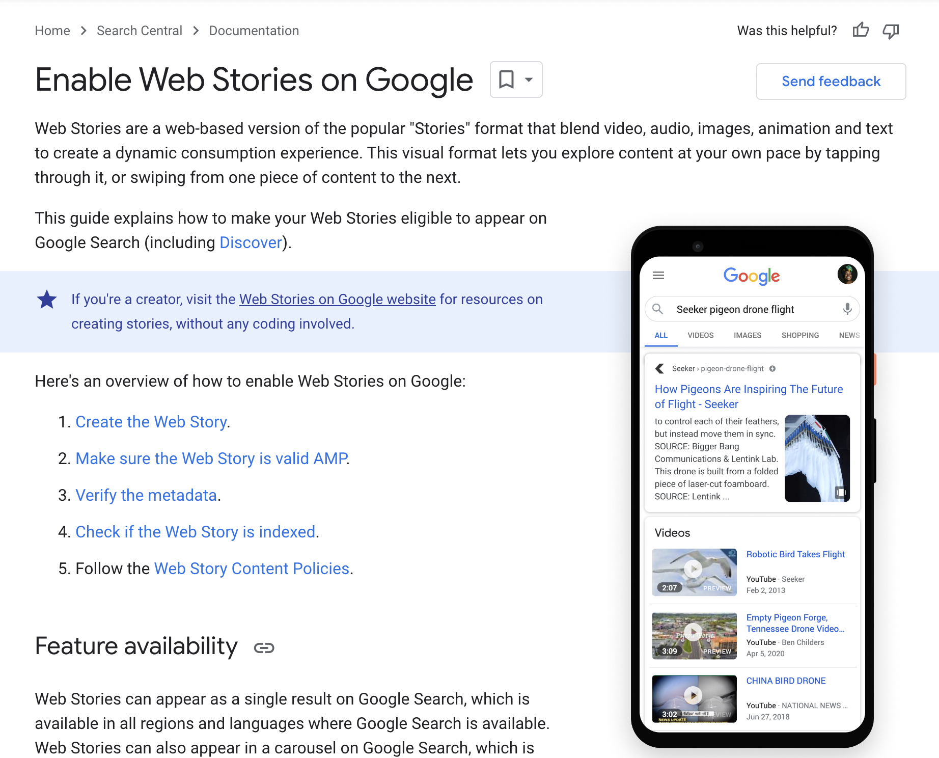 Updated the availability of Web Stories