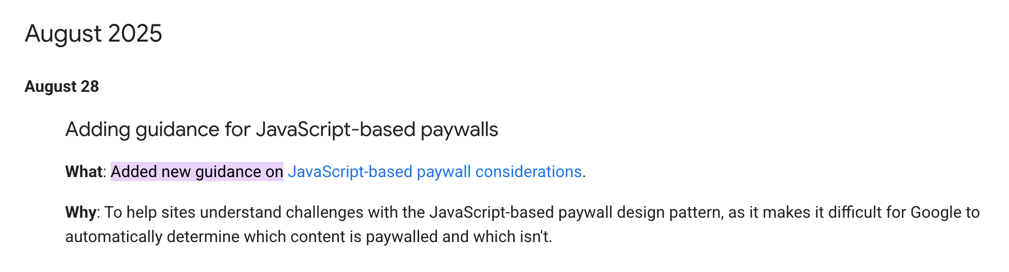 Google changelog for JavaScript-based paywall considerations