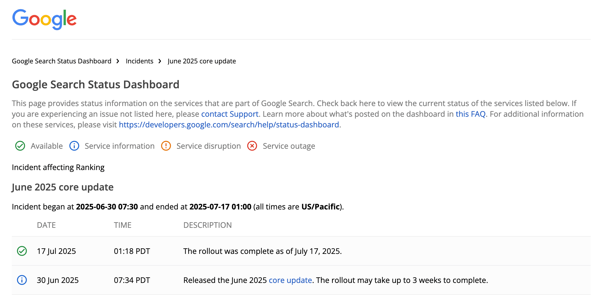 google juni 2025 core update status dashboard