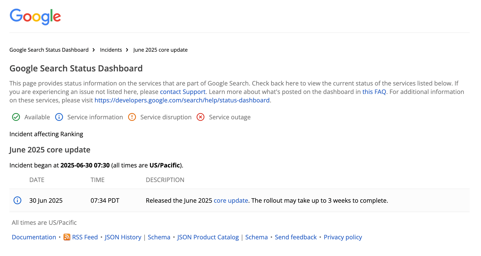 google search status dashboard juni 2025 core update