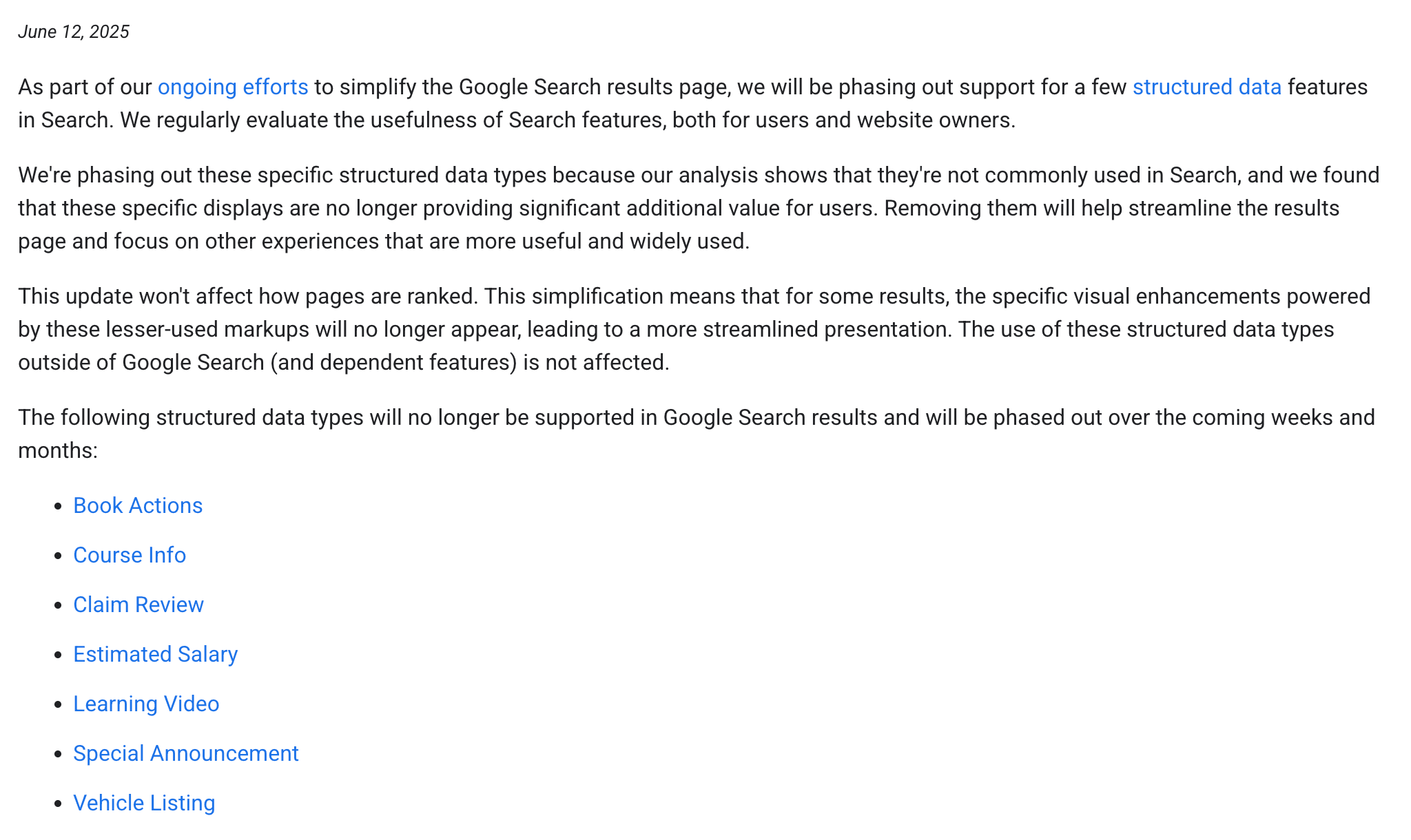 google udfaser understøttelse af syv strukturerede data-punkter