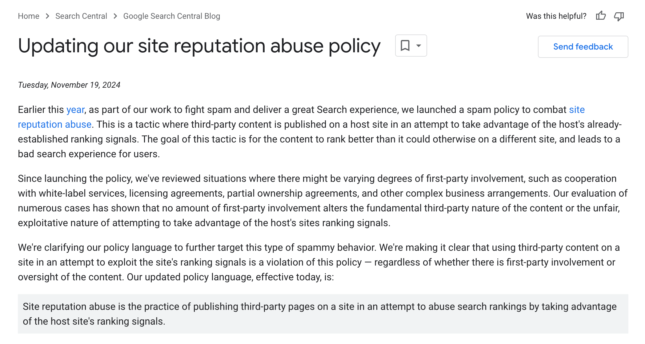 opdatering af googles site reputation abuse politik